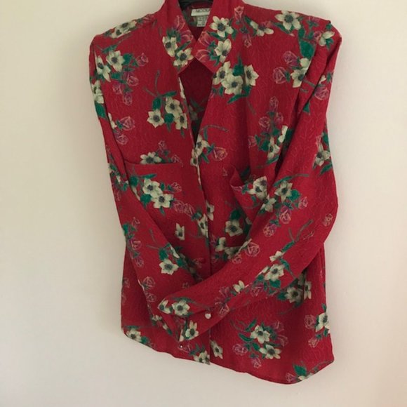 Vintage Nicola Flowered Print Blouse on Red Background, Size 10 - Picture 2 of 5